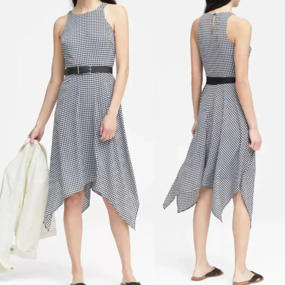 Banana Republic Gingham Racer-Neck Fit-and-Flare Dress - 29421